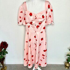 NEW Belle Poque PInk Strawberry Print Ruched/Smocked Dress 2XL Cottage Boho